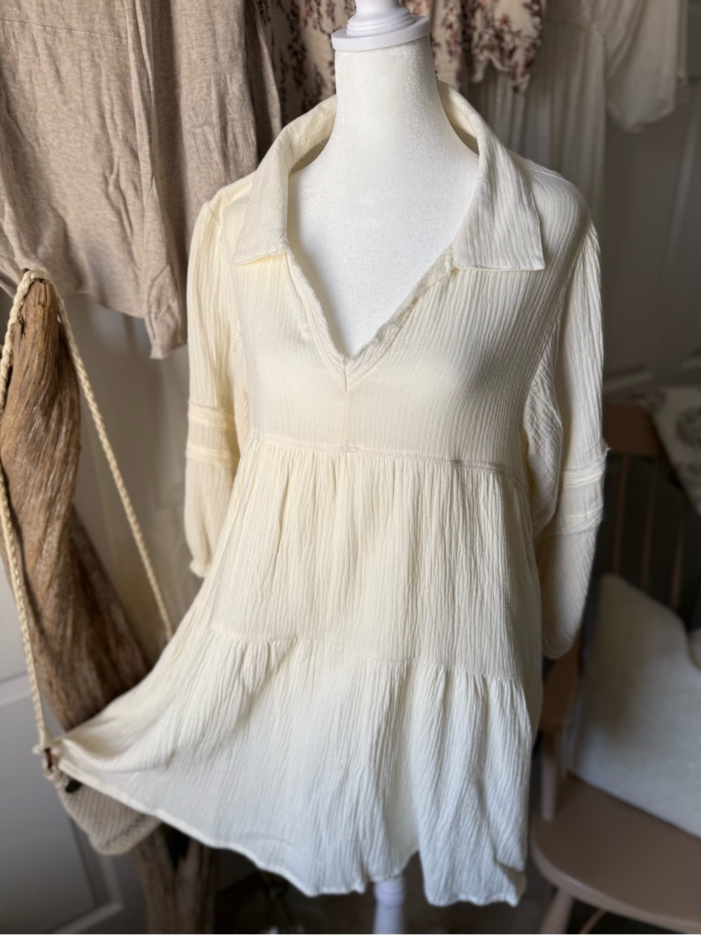 Cream Collared V-Neck Tiered Tunic Dress